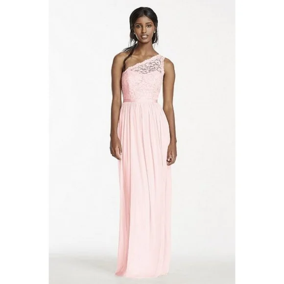 david's bridal blush pink wedding dress David's Bridal Jewel Strapless Tulle Beaded Lace Blush Pink Wedding Dress